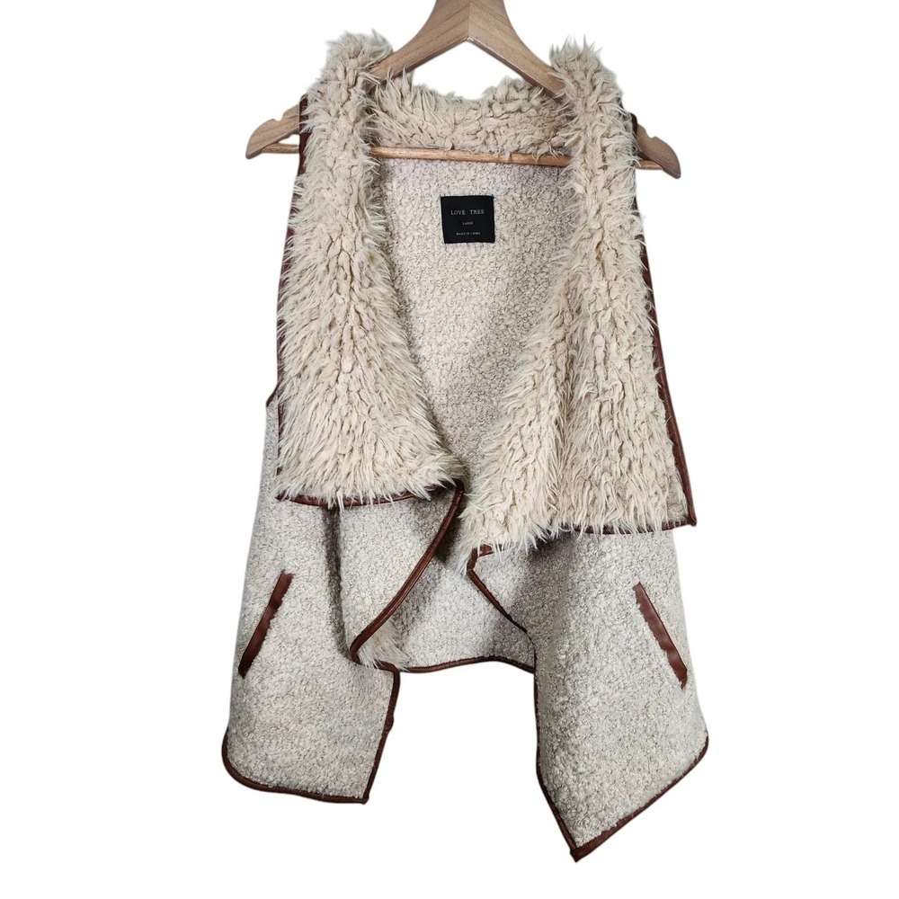 Love Tree Asymmetrical Drape‎ Faux Fur Tan Vest Faux Leather Trim, Women's Large